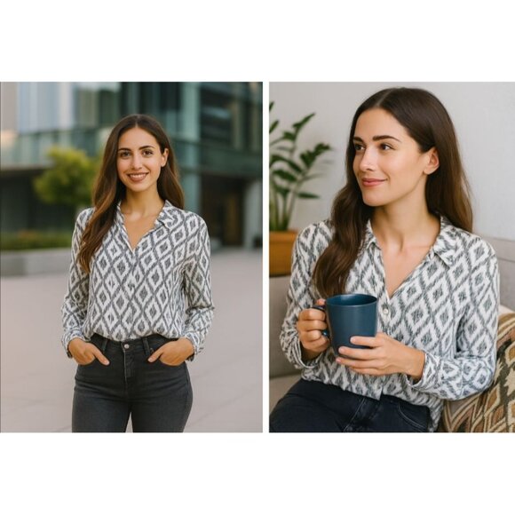 Cloth & Stone Button-Up Top Gray Diamond Print Size M Lightweight Boho Casual - Picture 1 of 11